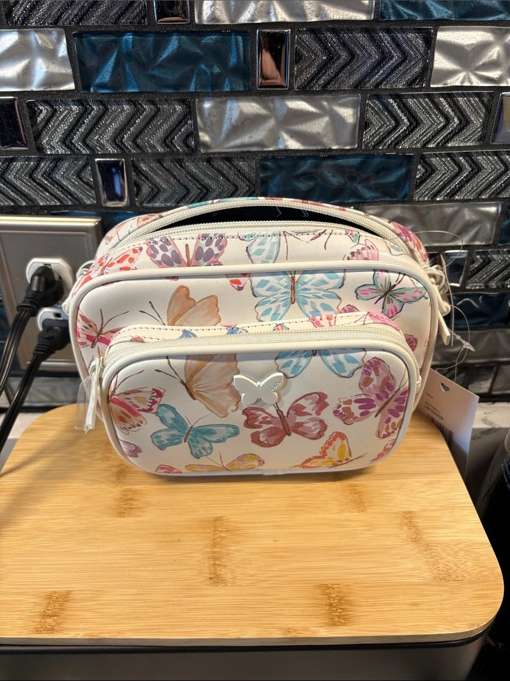 Betsey Johnson White Butterfly Print Cosmetic Trio Bag Set